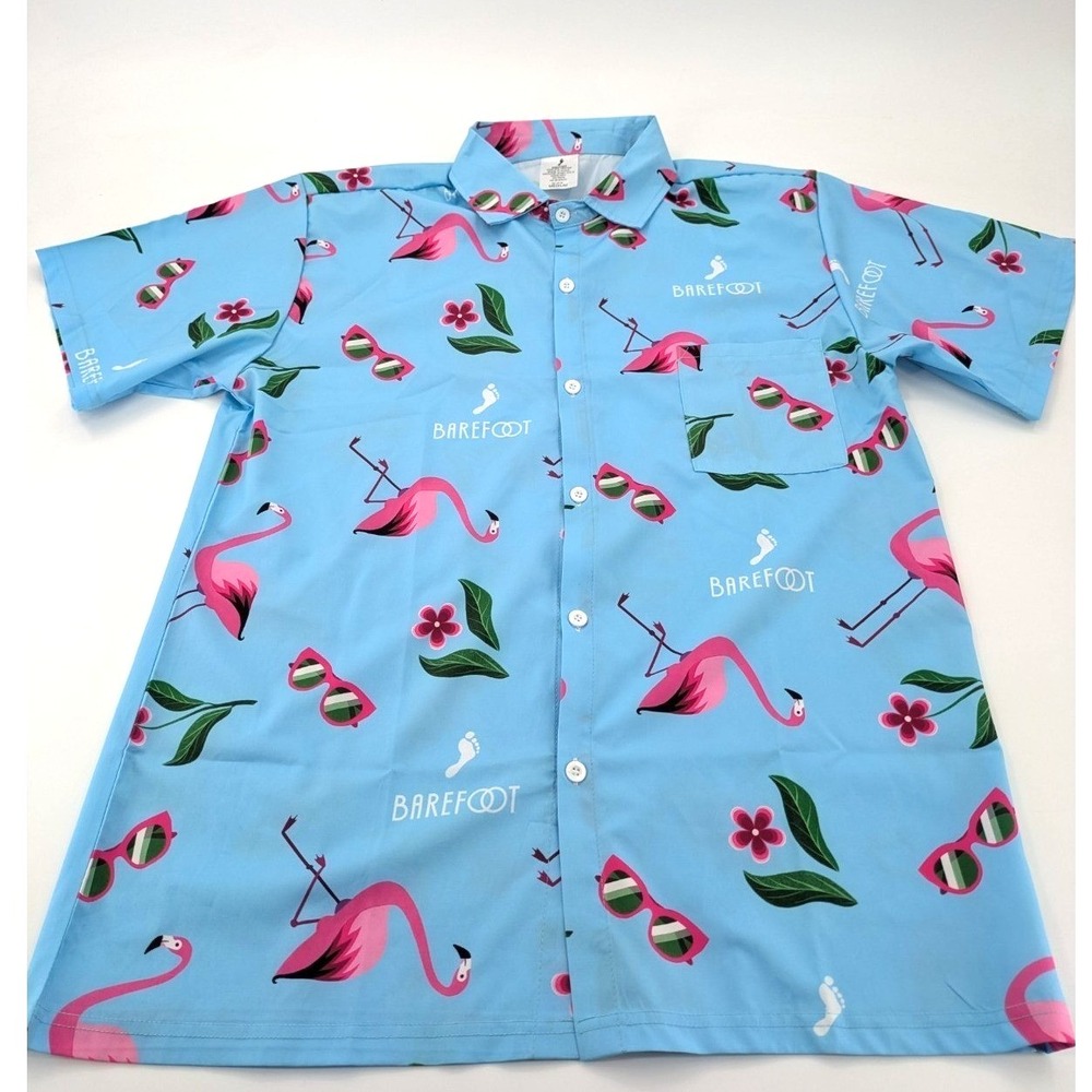 Men's Flamingo Button-Up Shirt Medium Blue Short Sleeve Wine Barefoot Hawaiian